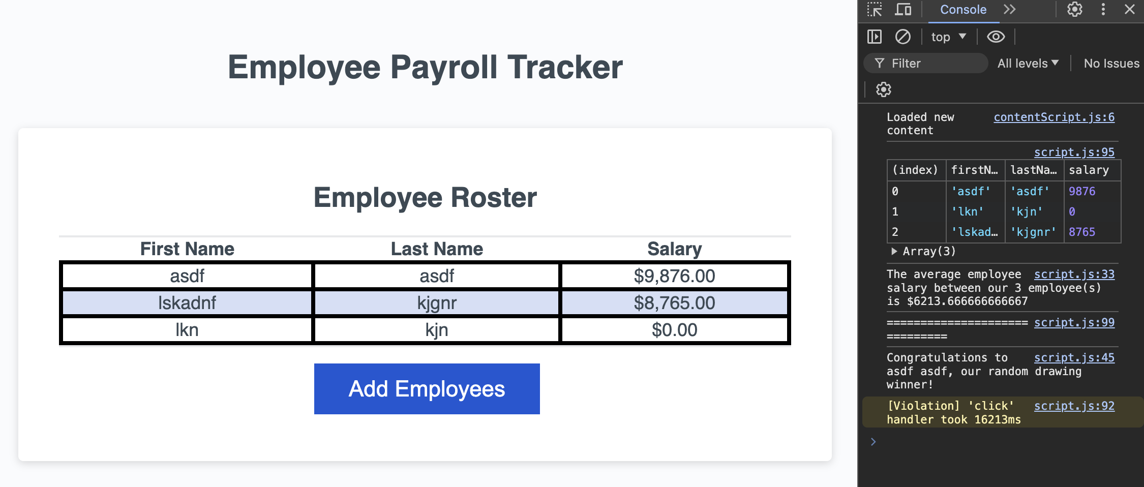 Shows employee information in the console of an employee payroll tracker.