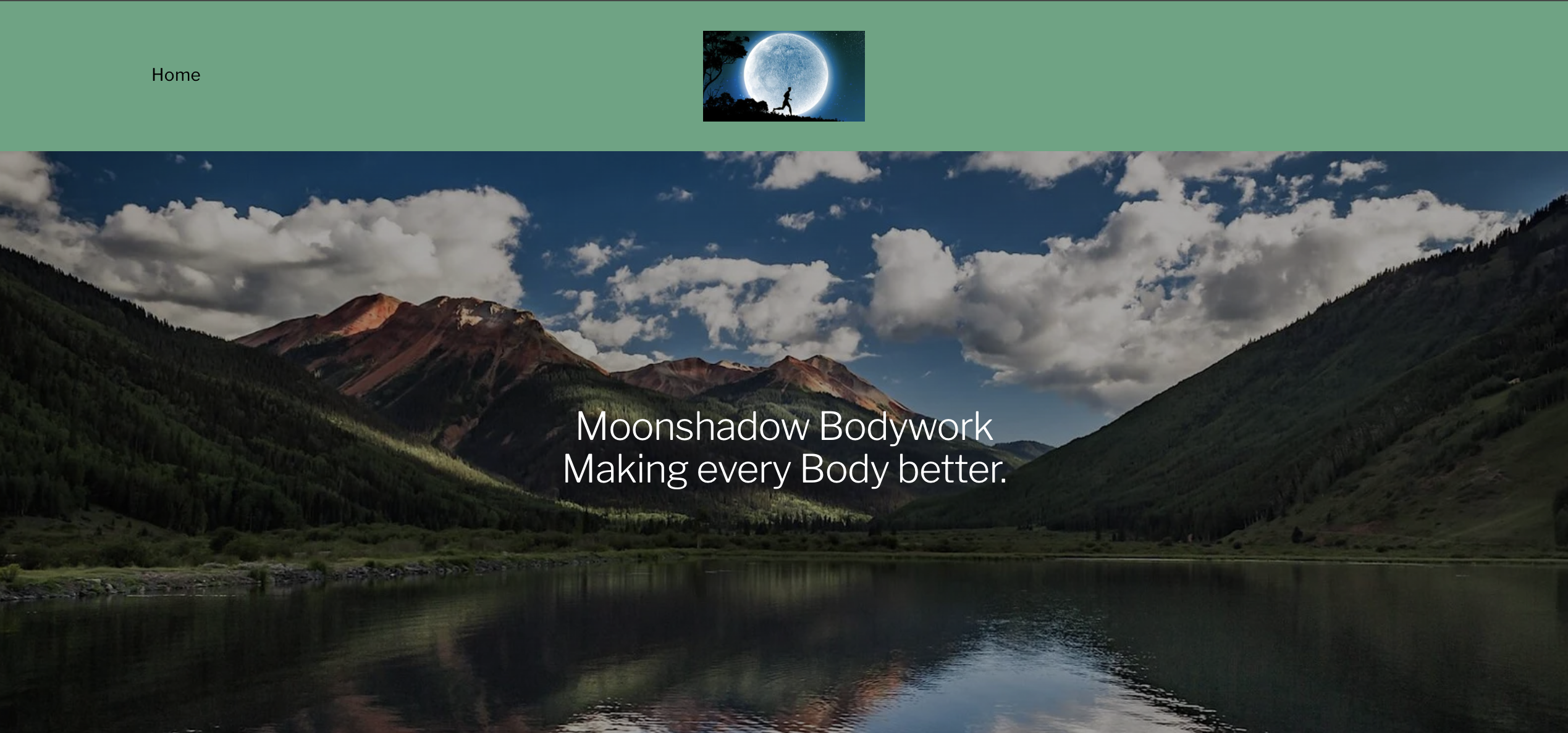 Moonshadowbodywork.com homepage image of a mountain range and lake.